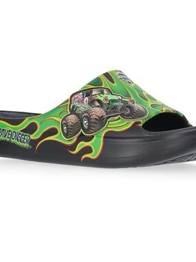 Monster Jam Grave Digger Kids Green Flame Slide Sandals